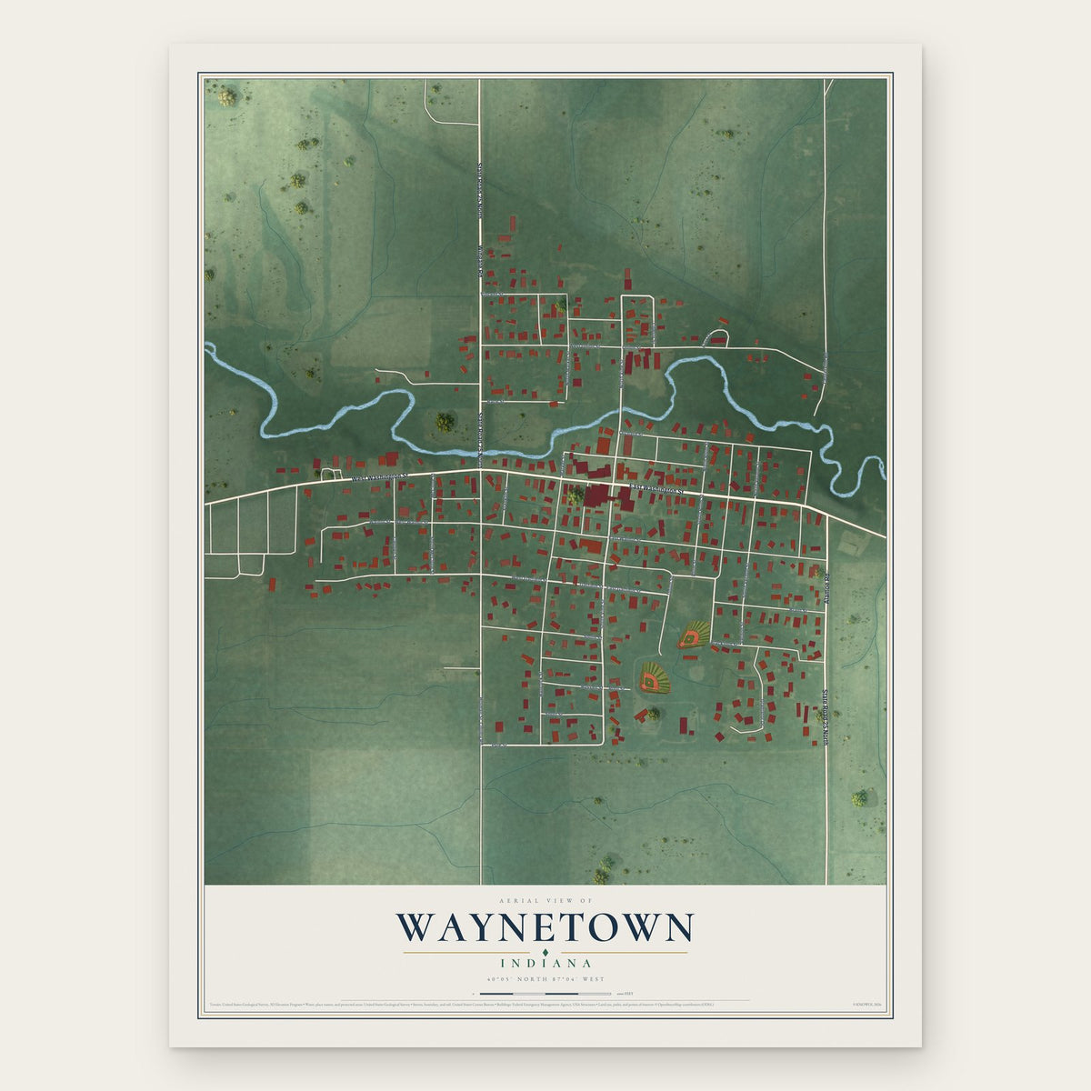 Waynetown, Indiana map print, the full design