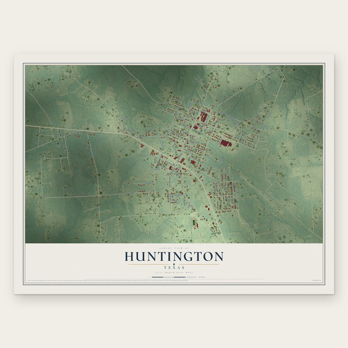 Huntington, Texas map print, the full design
