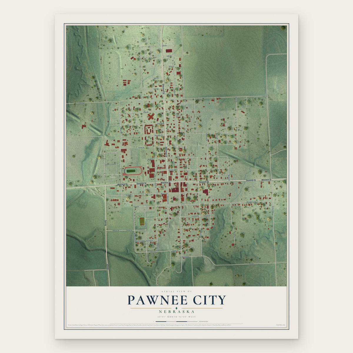 Pawnee City, Nebraska map print, the full design