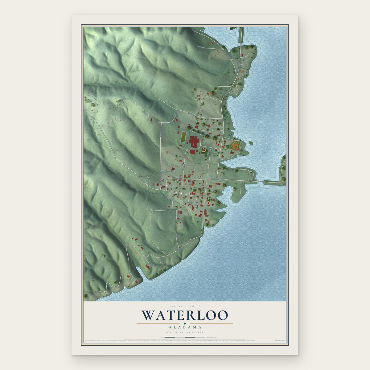 Waterloo, Alabama map print, the full design