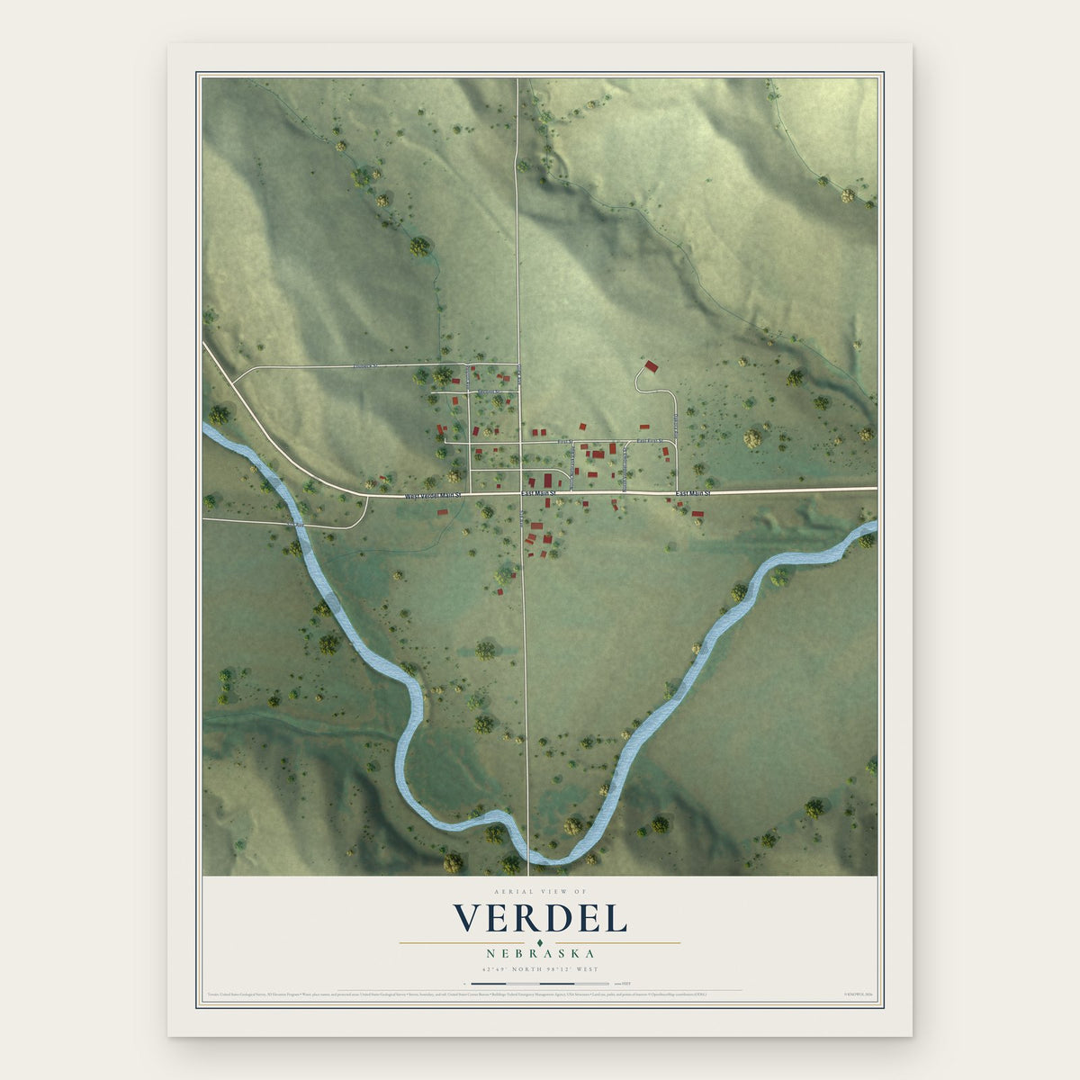 Verdel, Nebraska map print, the full design