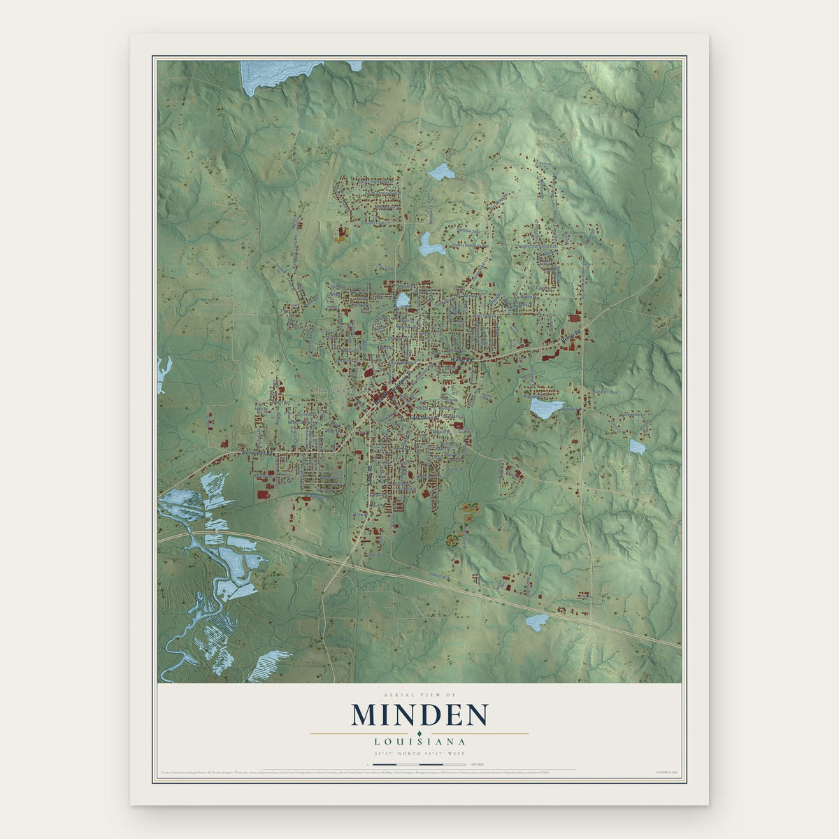 Minden, Louisiana map print, the full design