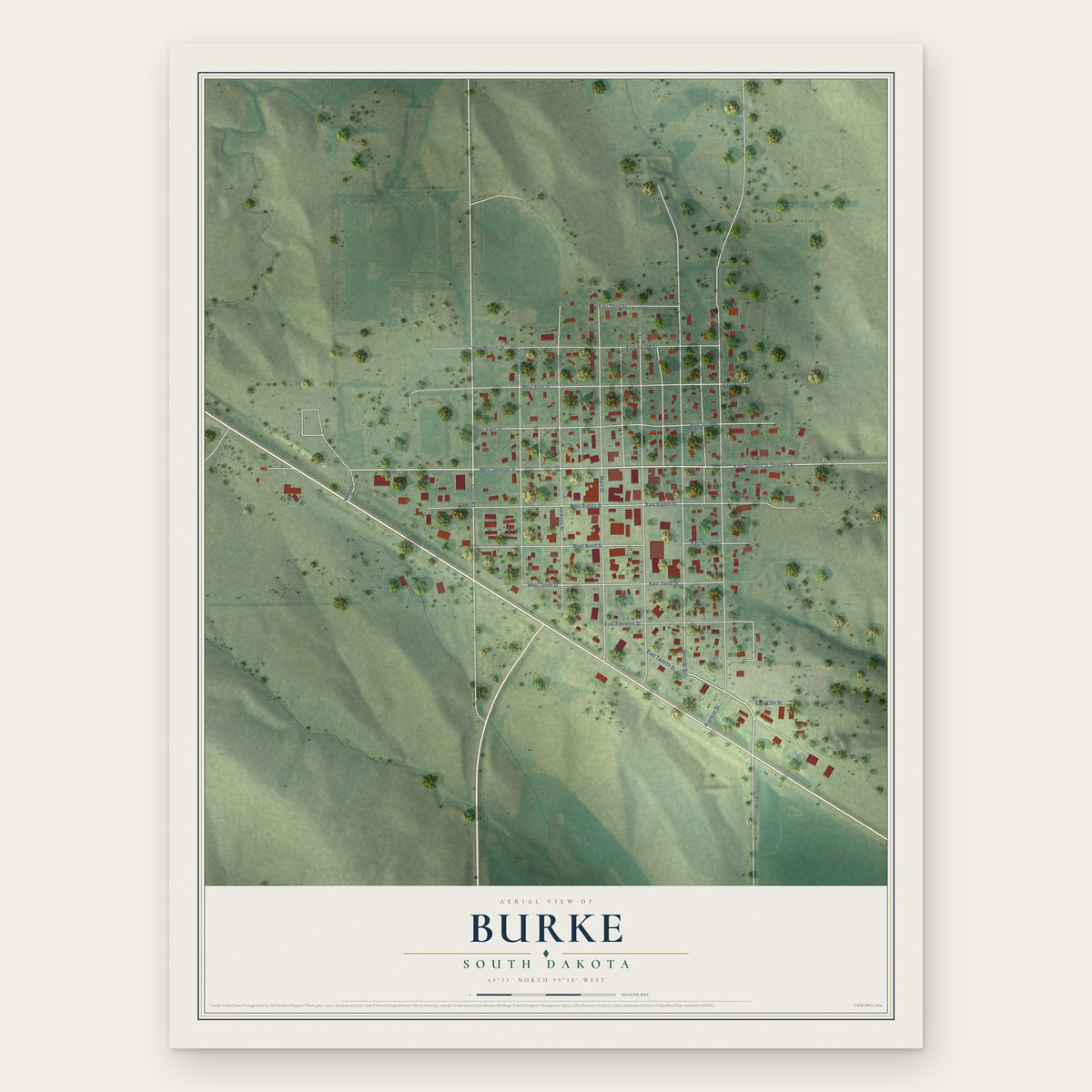 Burke, South Dakota map print, the full design