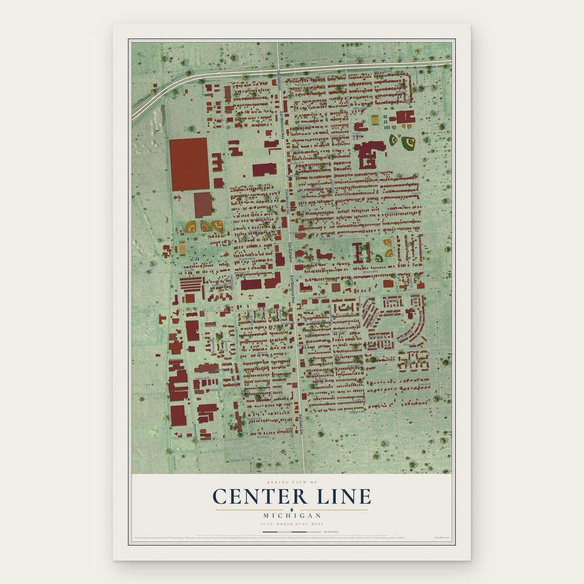 Center Line, Michigan map print, the full design