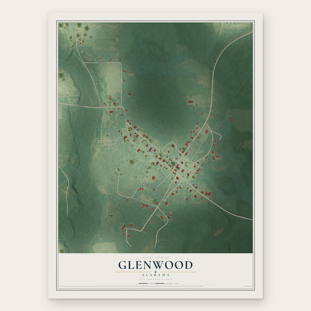 Glenwood, Alabama map print, the full design