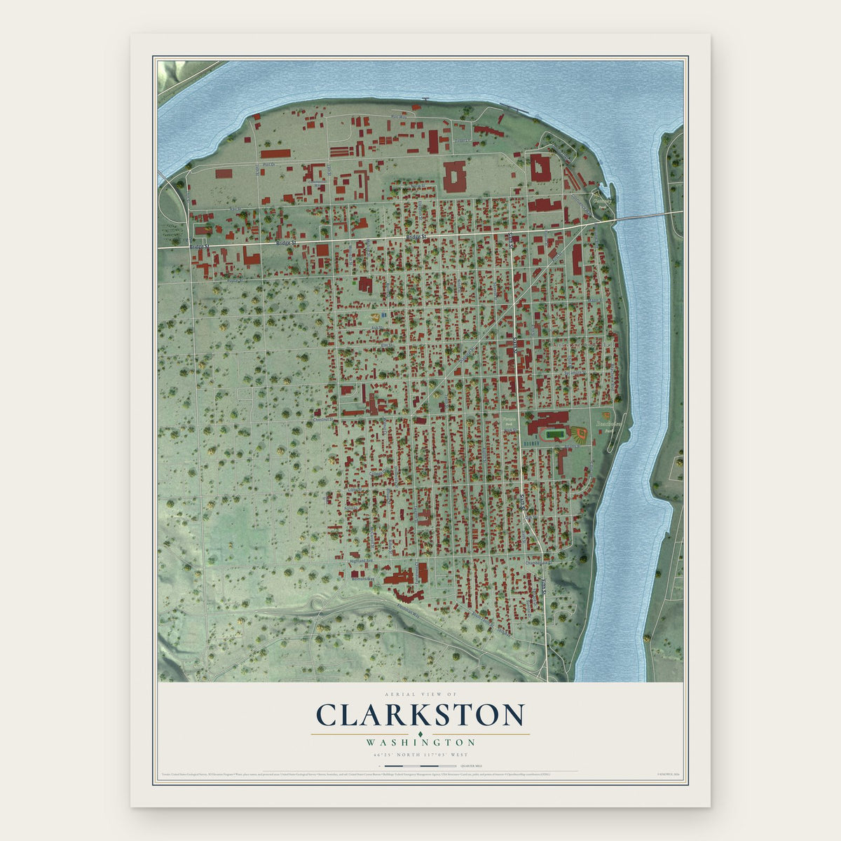 Clarkston, Washington map print, the full design