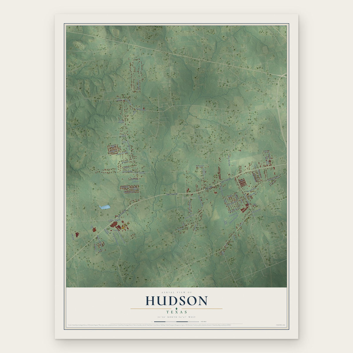 Hudson, Texas map print, the full design