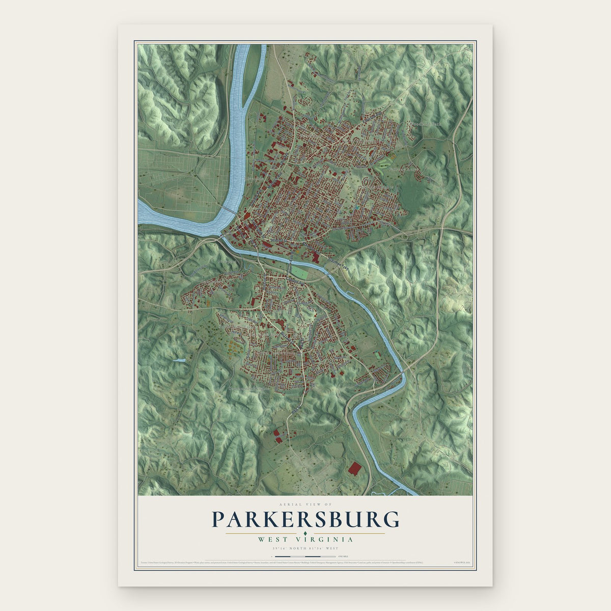 Parkersburg, West Virginia map print, the full design