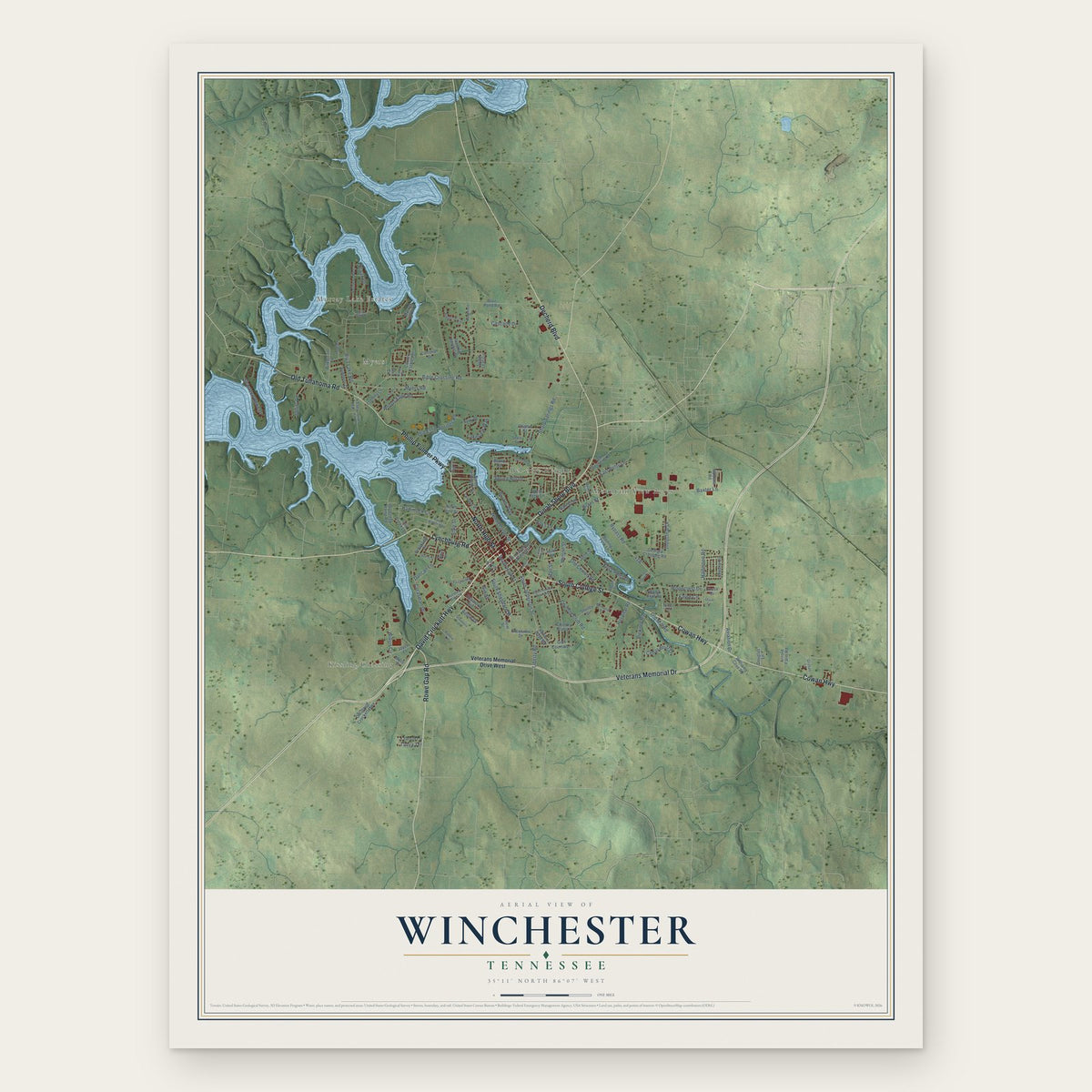 Winchester, Tennessee map print, the full design