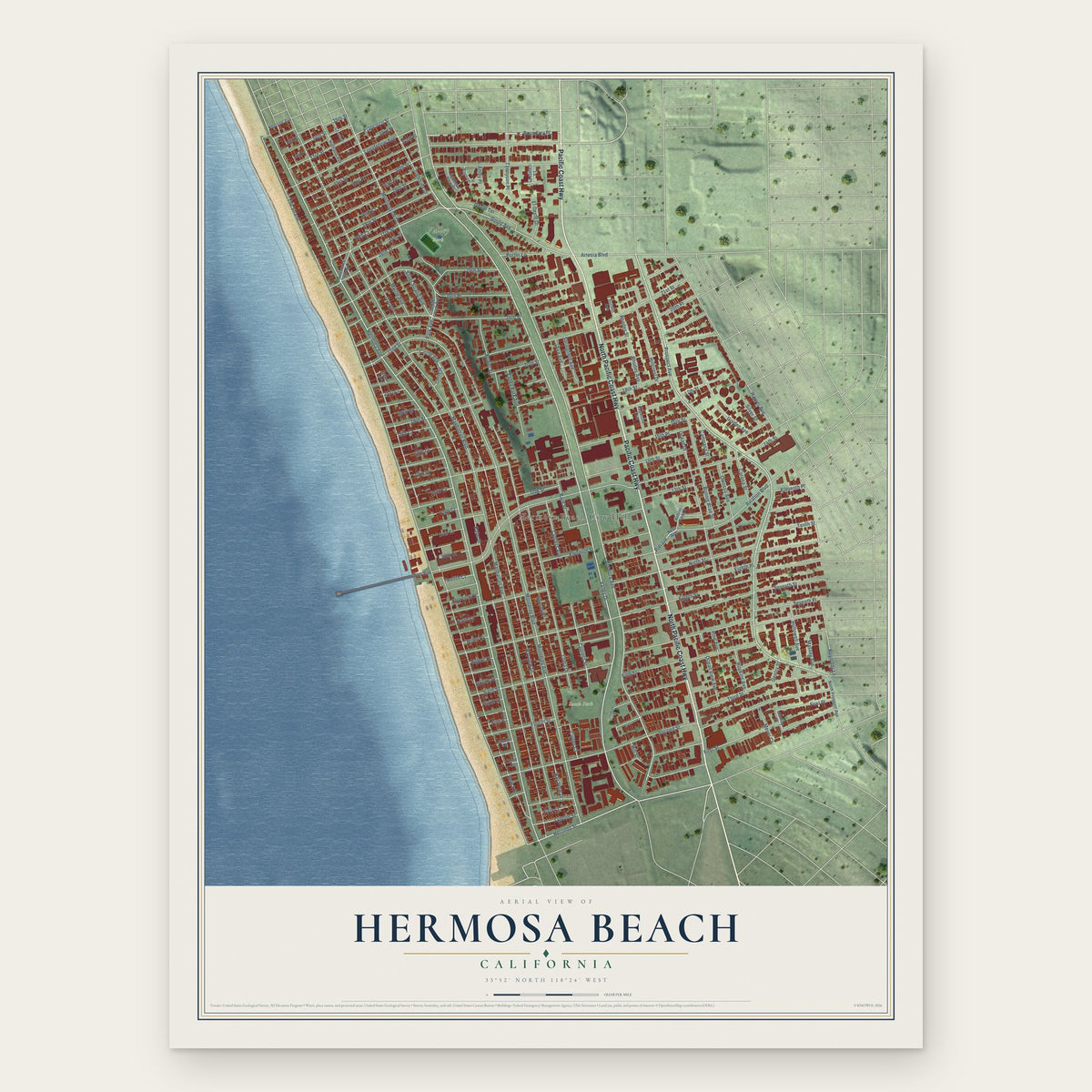 Hermosa Beach, California map print, the full design