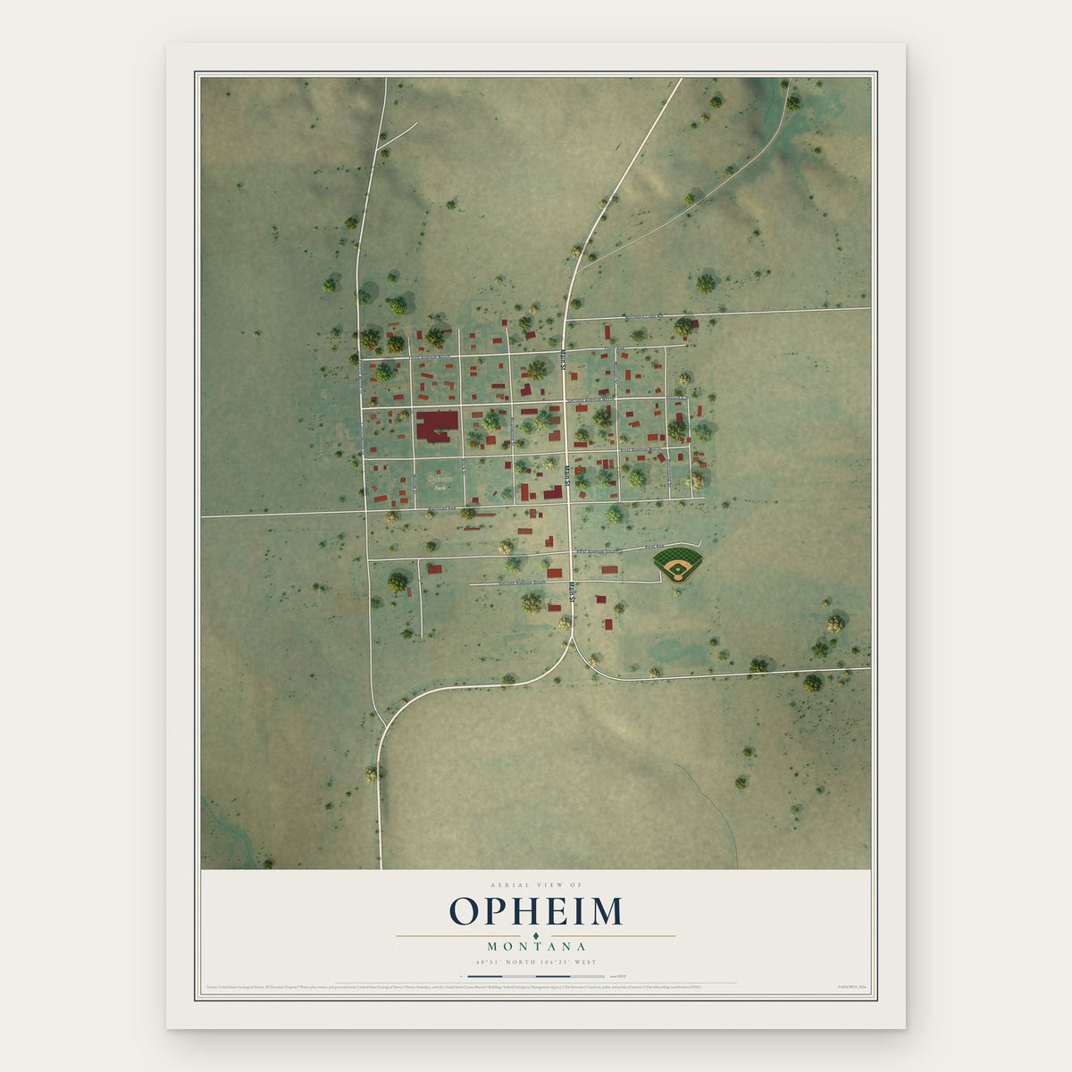 Opheim, Montana map print, the full design