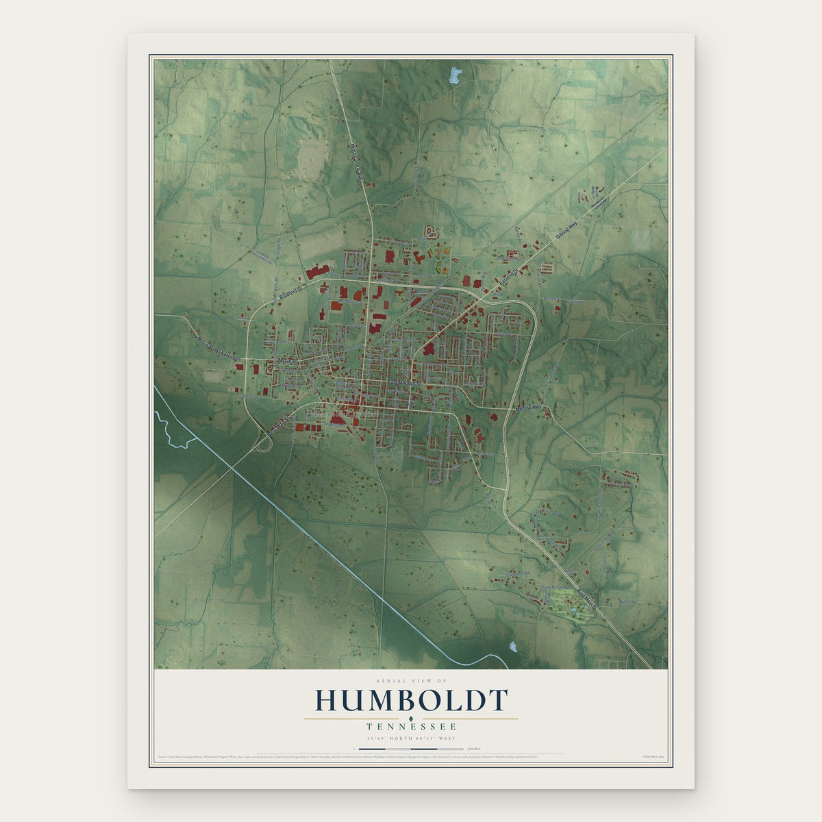 Humboldt, Tennessee map print, the full design