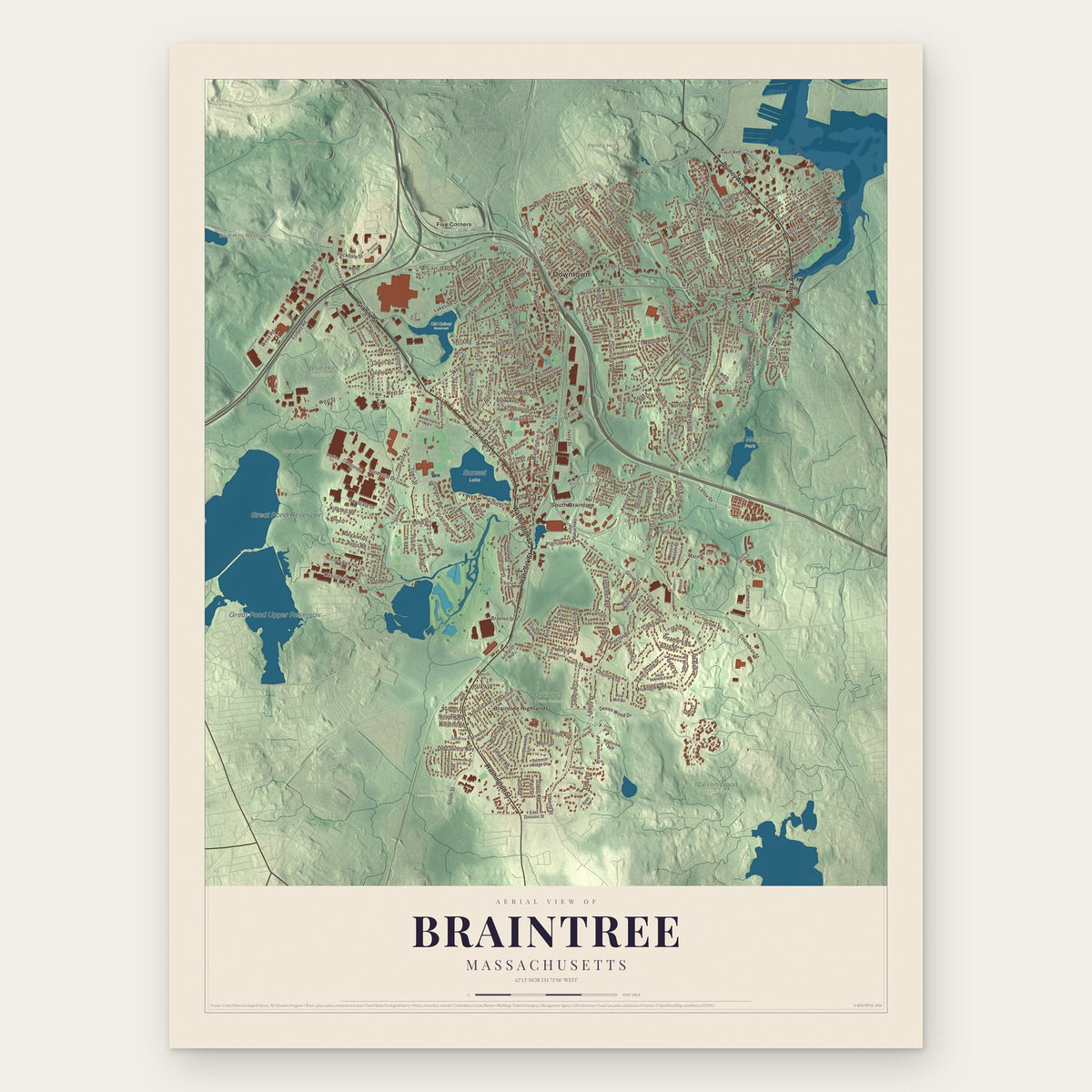 Braintree, Massachusetts map print, the full design