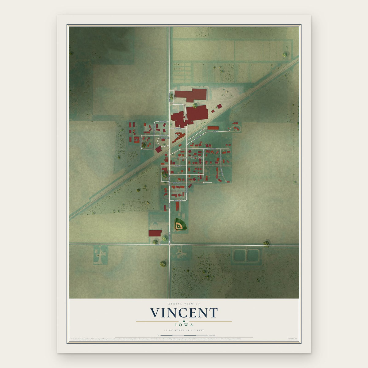 Vincent, Iowa map print, the full design
