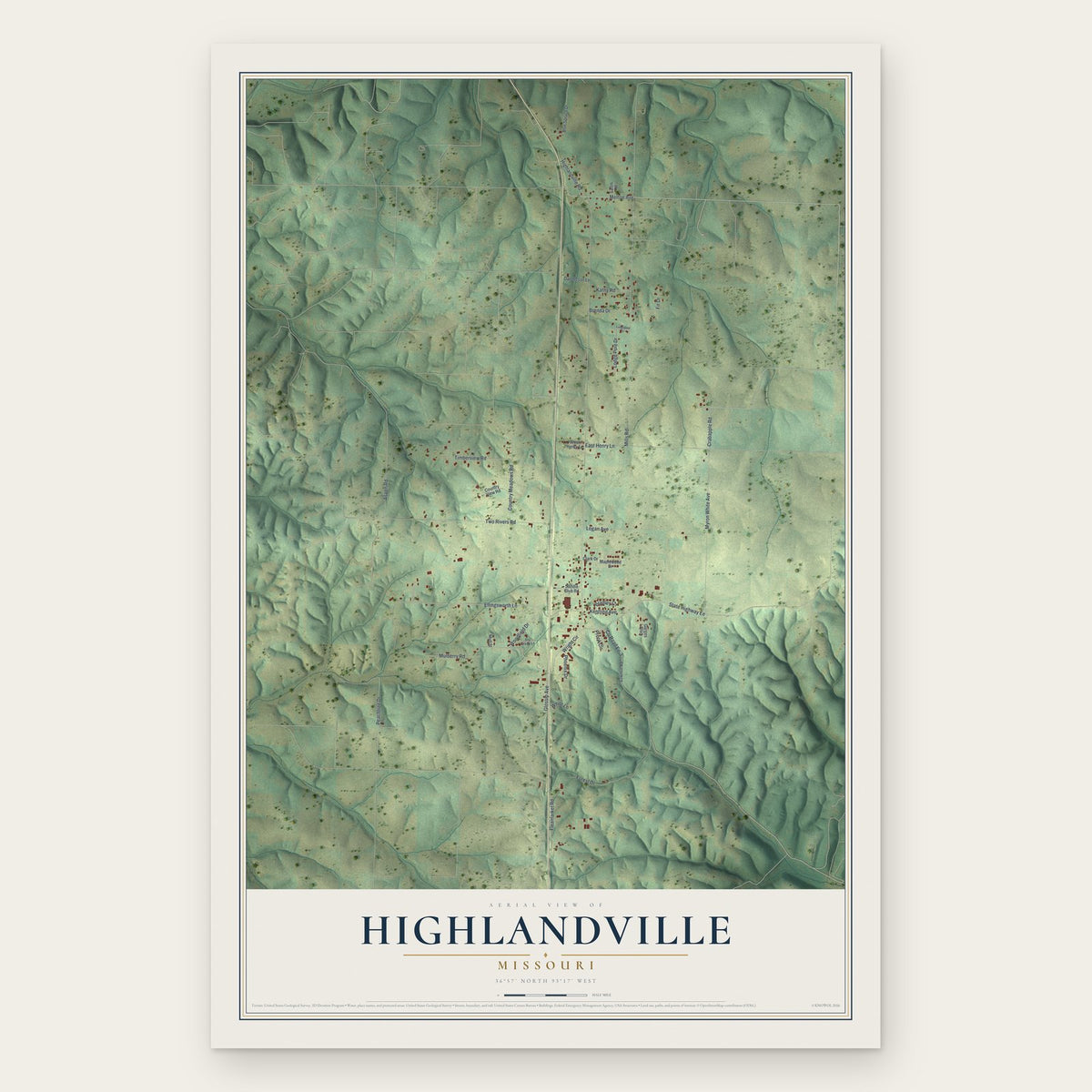 Highlandville, Missouri map print, the full design