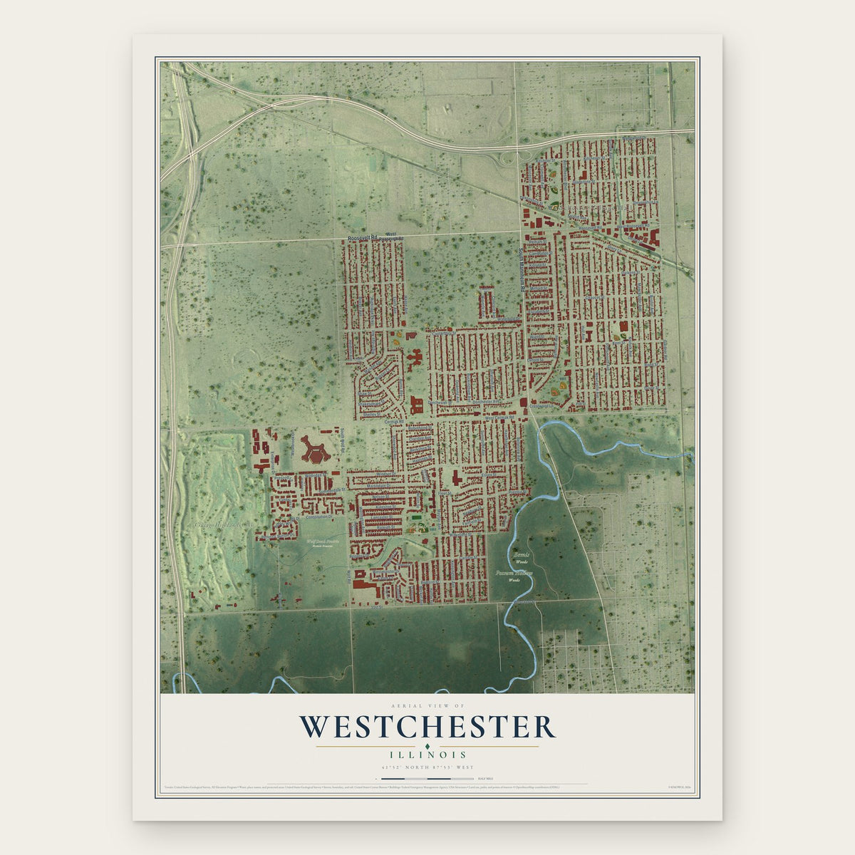 Westchester, Illinois map print, the full design