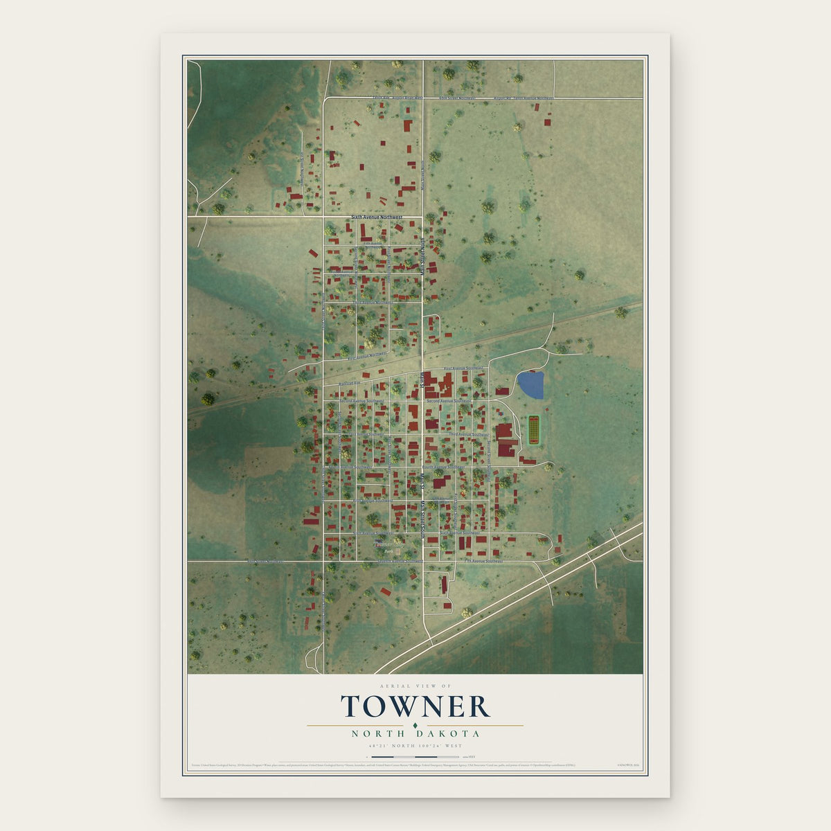 Towner, North Dakota map print, the full design