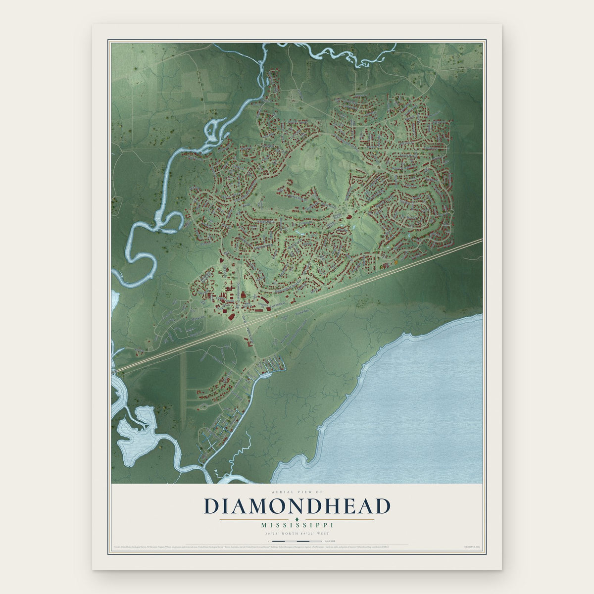 Diamondhead, Mississippi map print, the full design