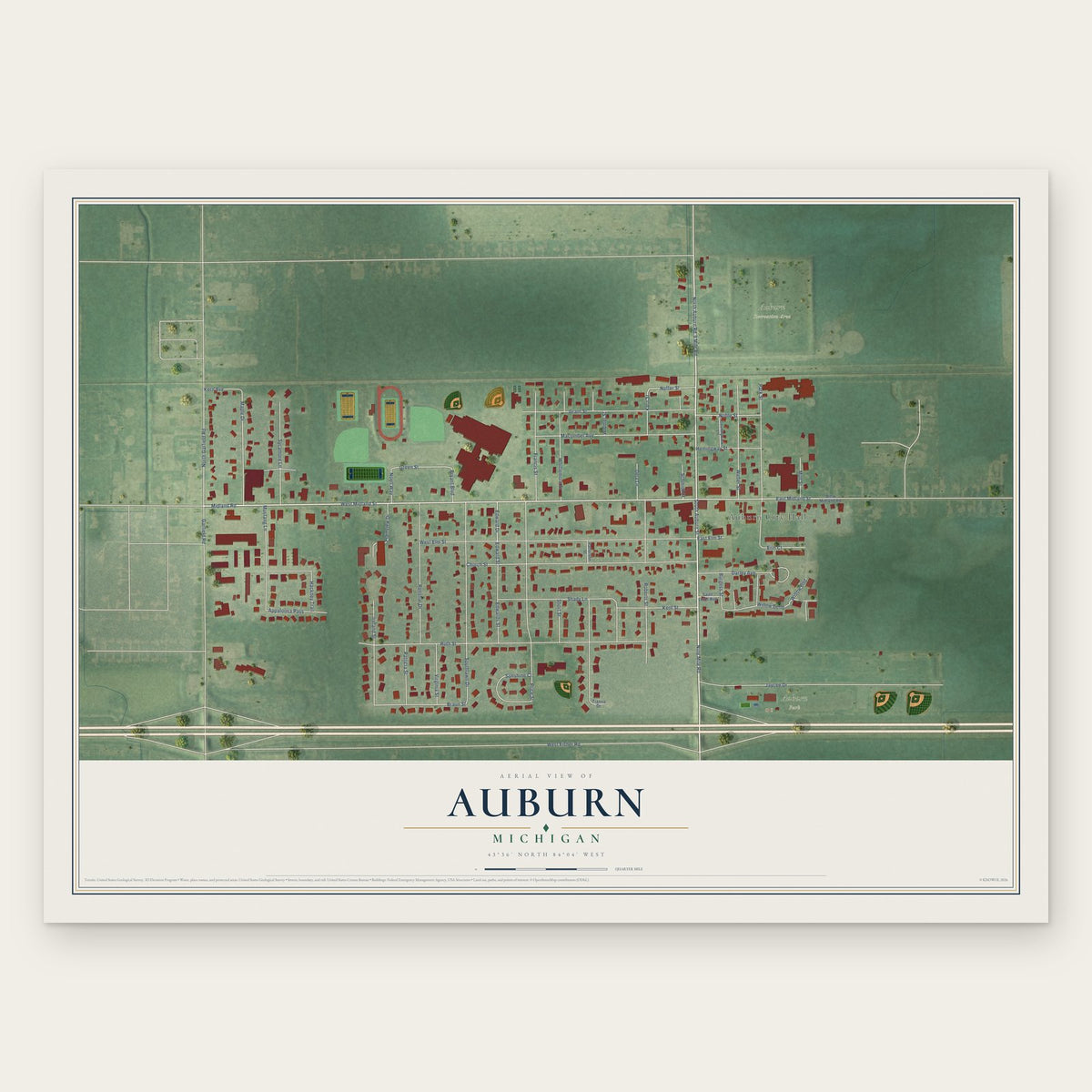 Auburn, Michigan map print, the full design