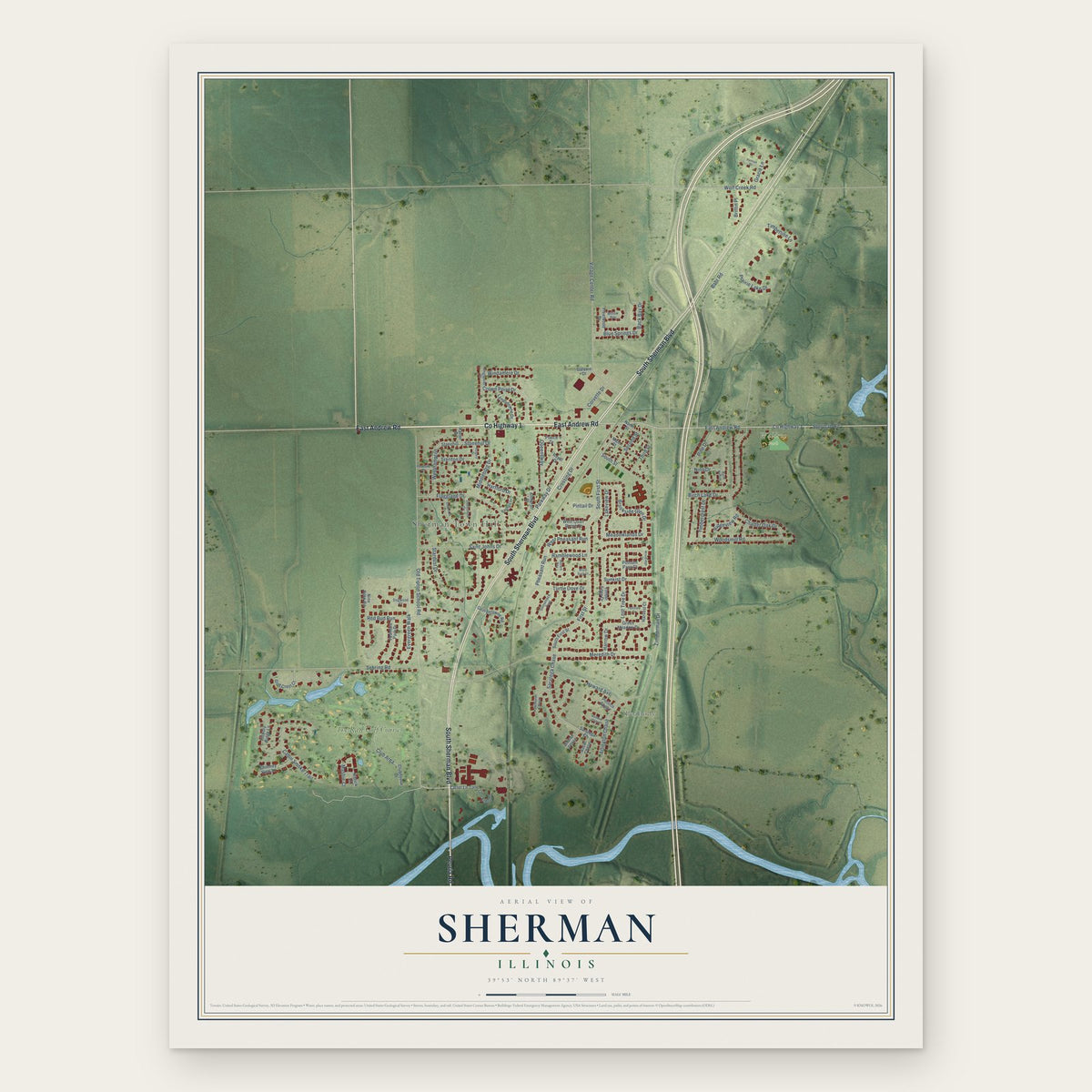 Sherman, Illinois map print, the full design