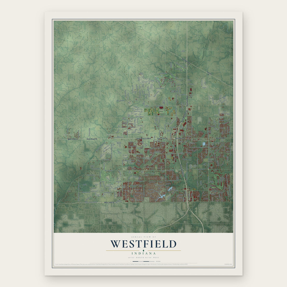 Westfield, Indiana map print, the full design