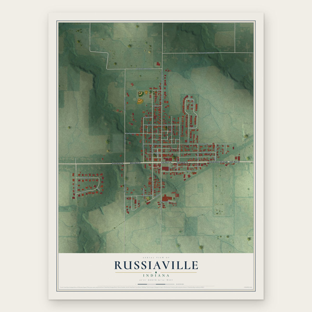 Russiaville, Indiana map print, the full design