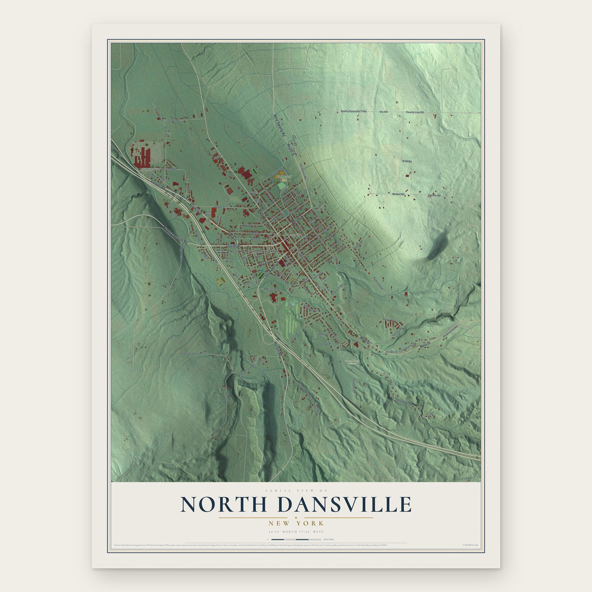 North Dansville, New York map print, the full design