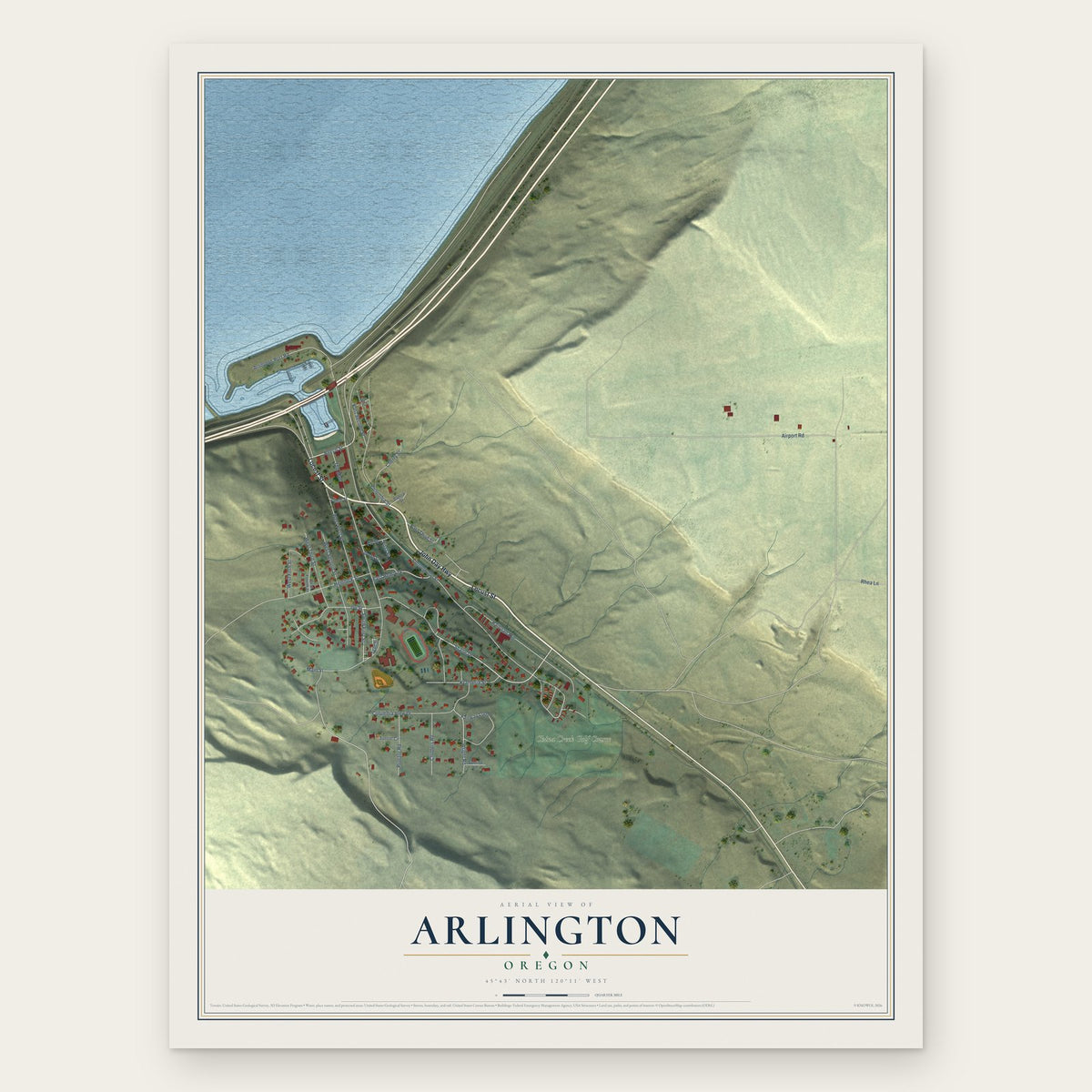 Arlington, Oregon map print, the full design
