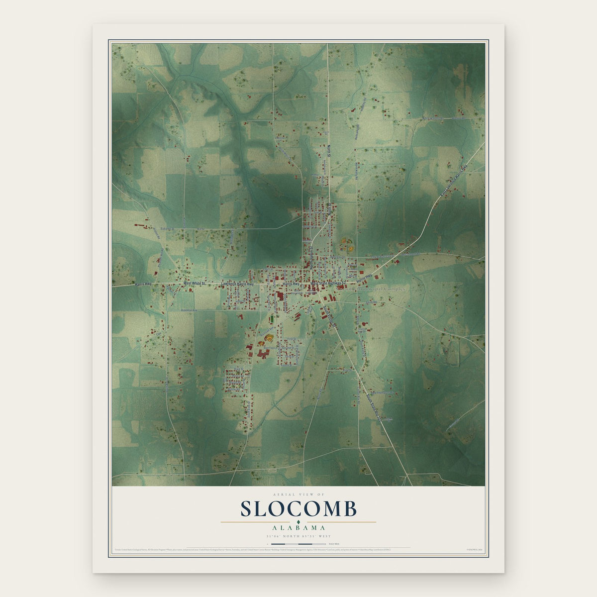 Slocomb, Alabama map print, the full design