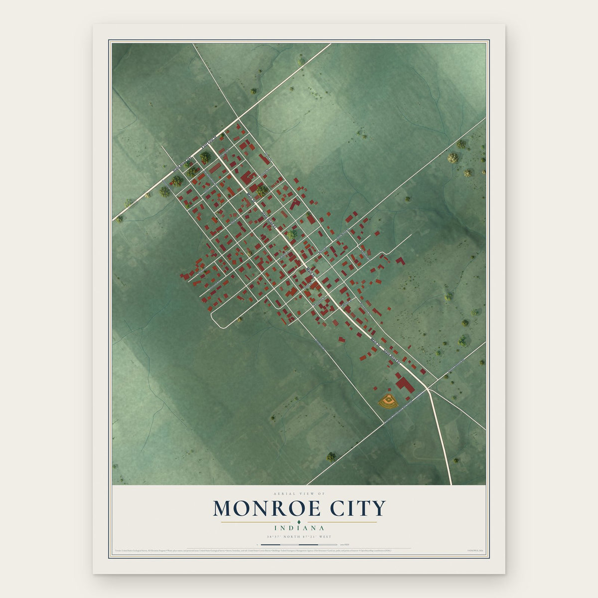 Monroe City, Indiana map print, the full design