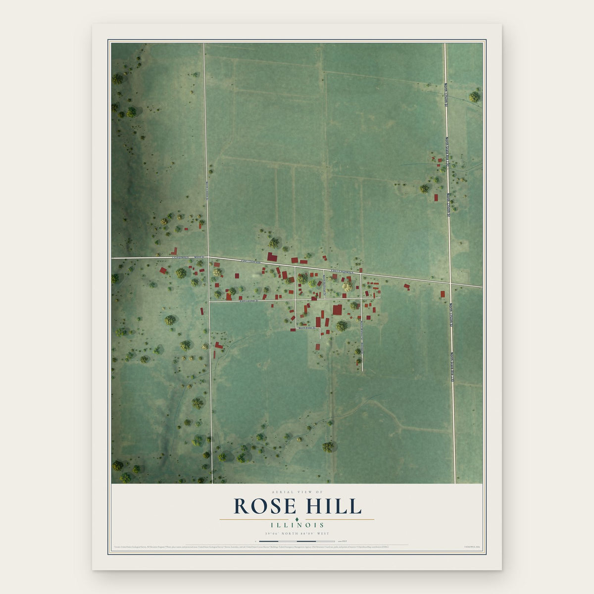 Rose Hill, Illinois map print, the full design
