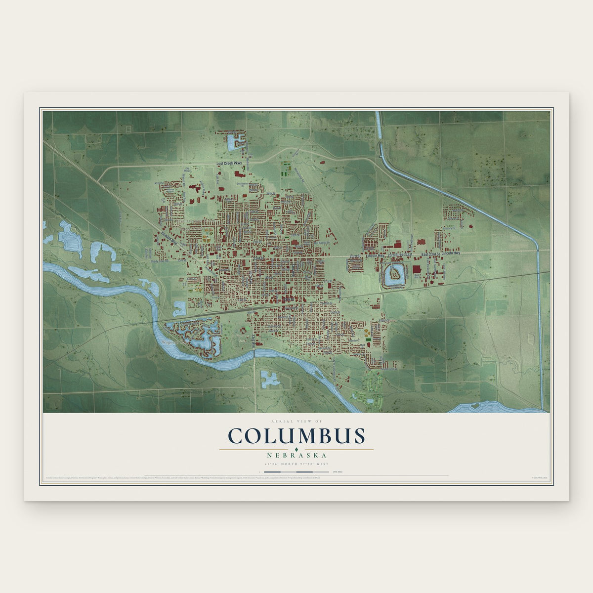 Columbus, Nebraska map print, the full design