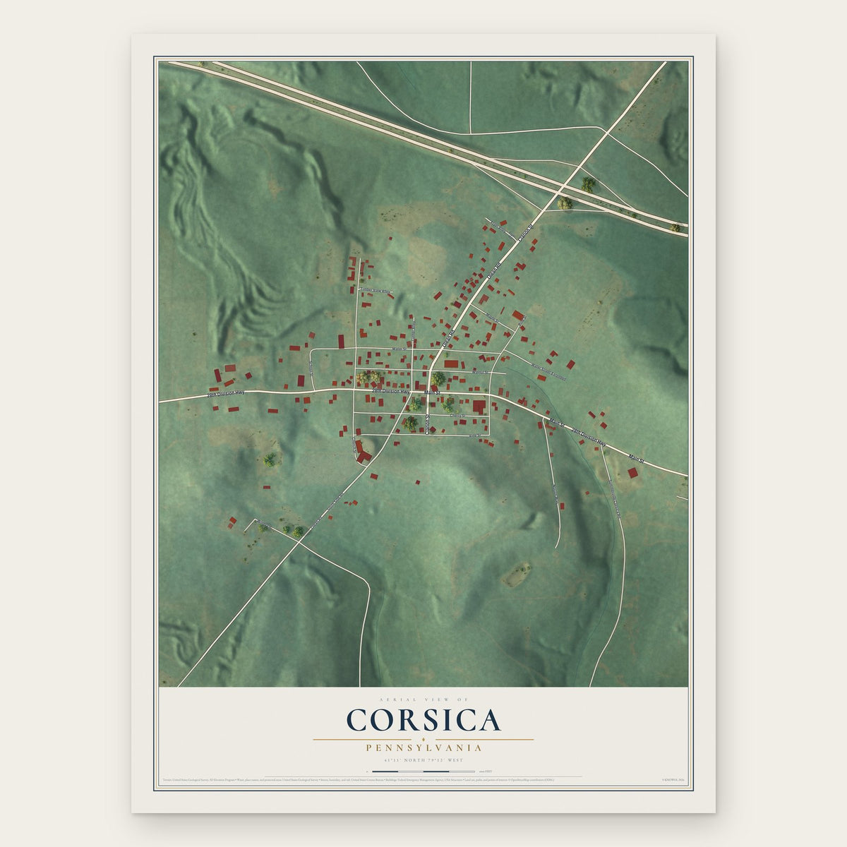 Corsica, Pennsylvania map print, the full design