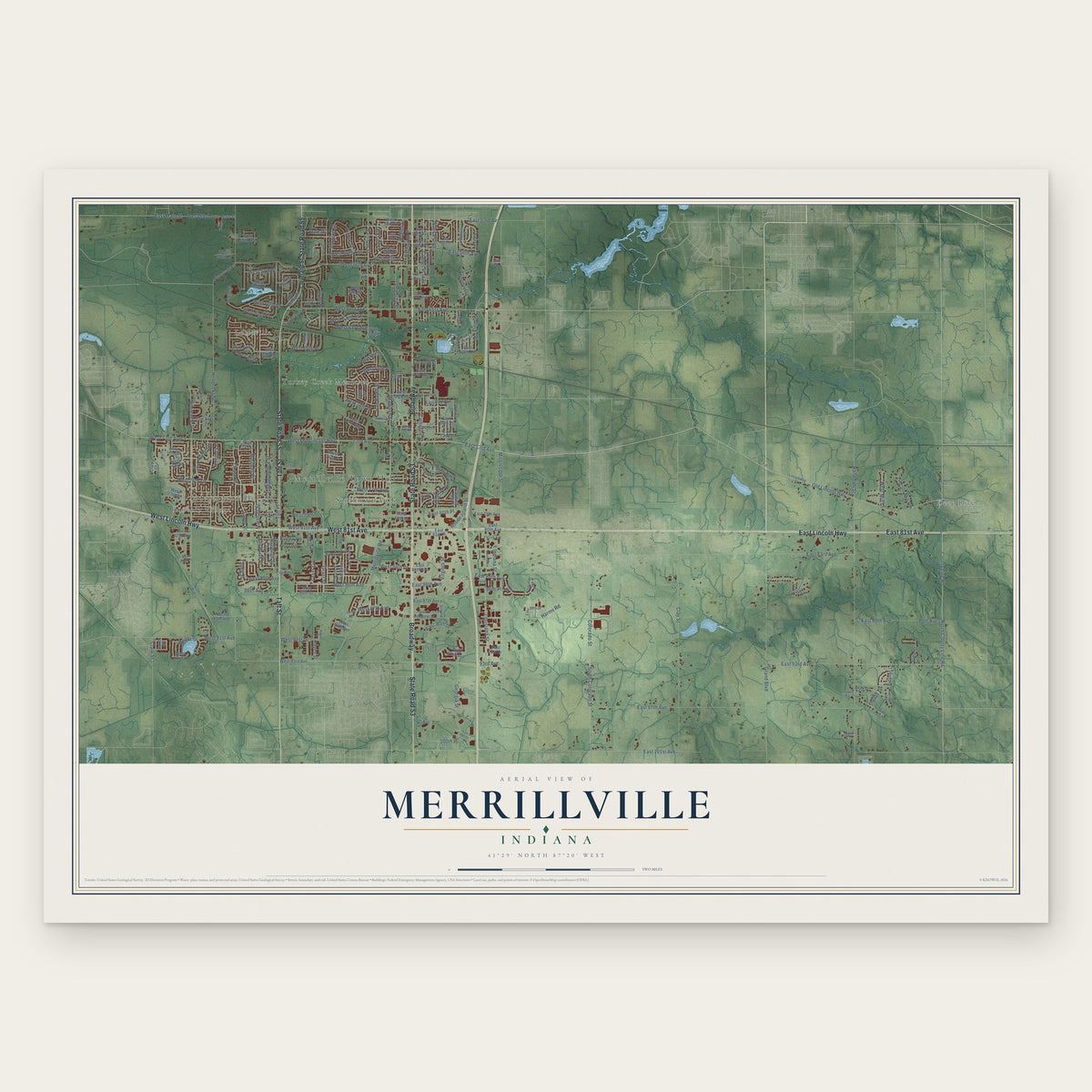 Merrillville, Indiana map print, the full design