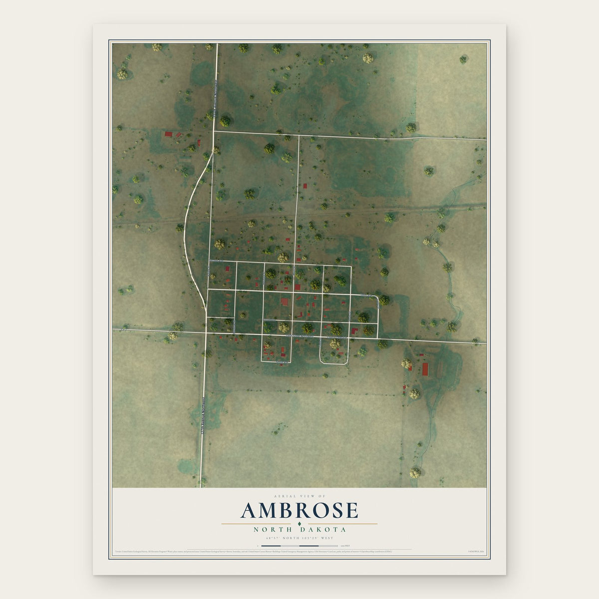 Ambrose, North Dakota map print, the full design