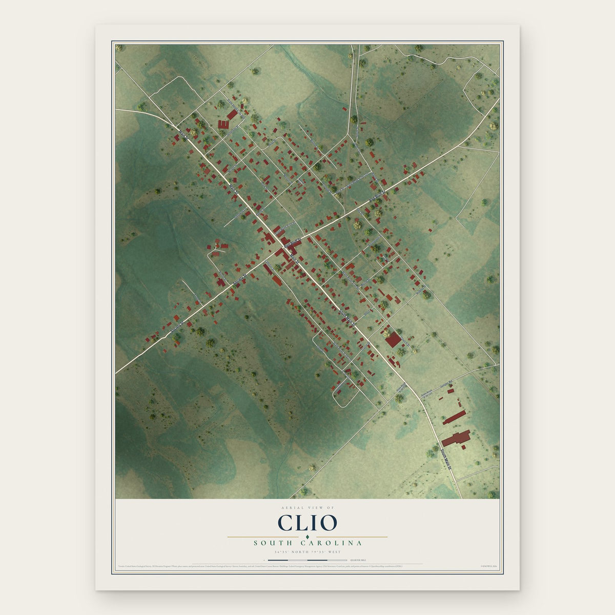 Clio, South Carolina map print, the full design