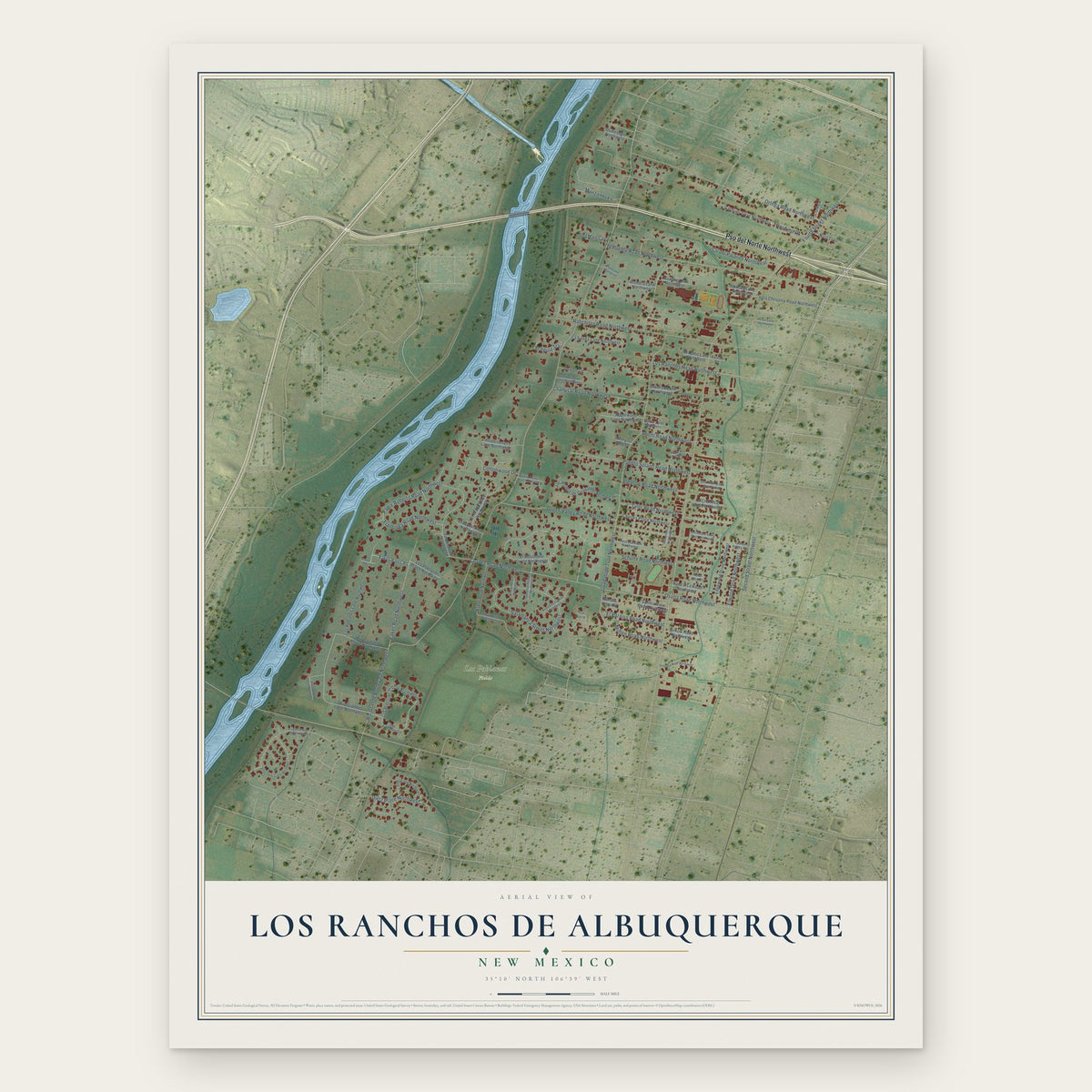 Los Ranchos de Albuquerque, New Mexico map print, the full design