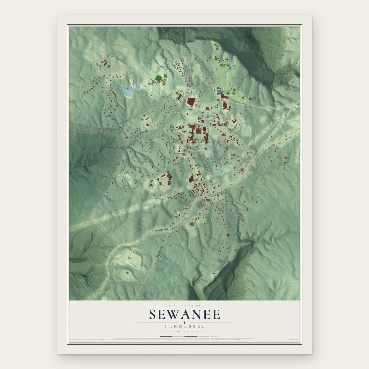Sewanee, Tennessee map print, the full design