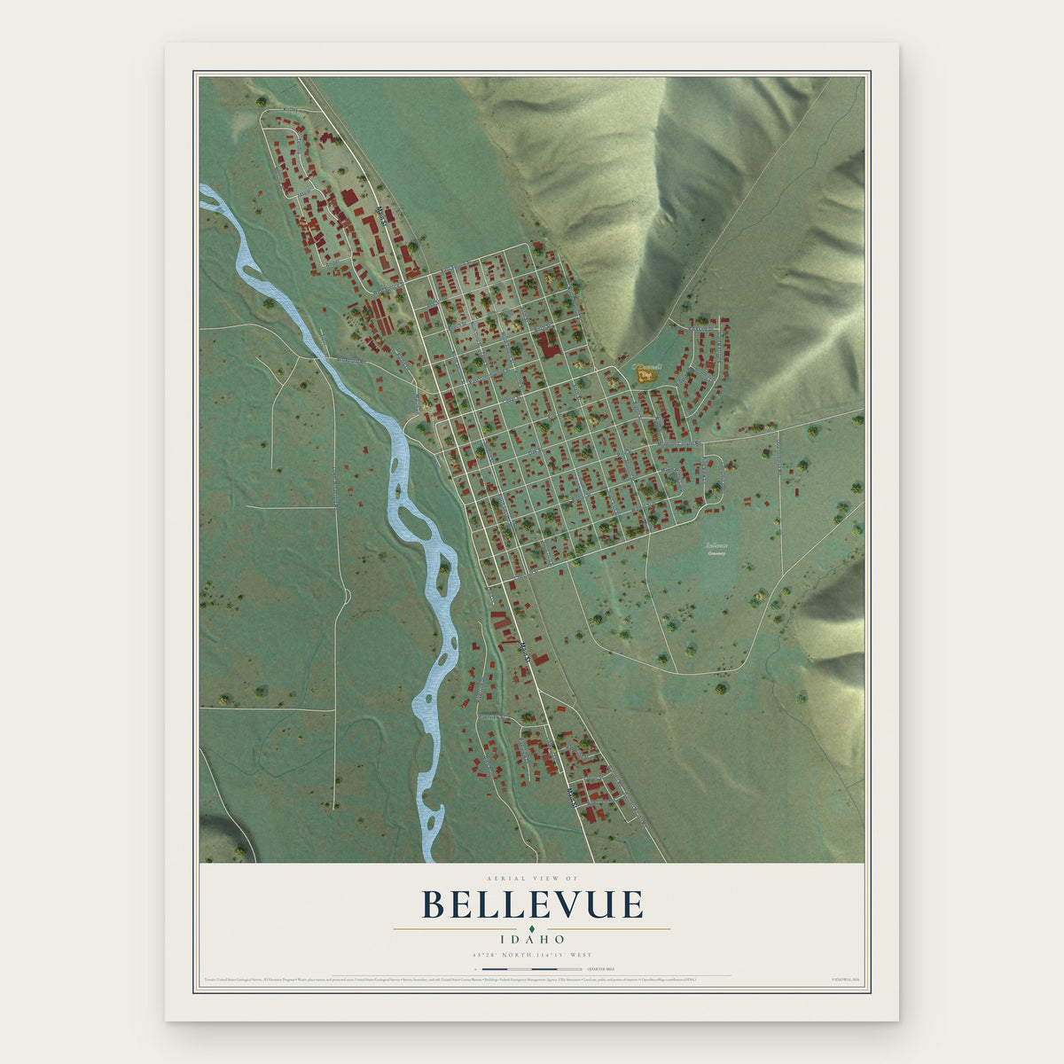 Bellevue, Idaho map print, the full design