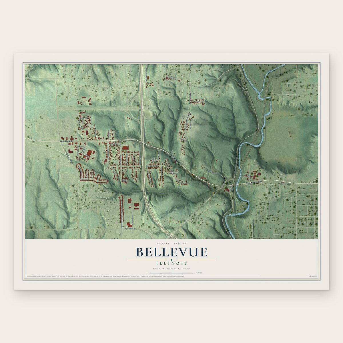 Bellevue, Illinois map print, the full design