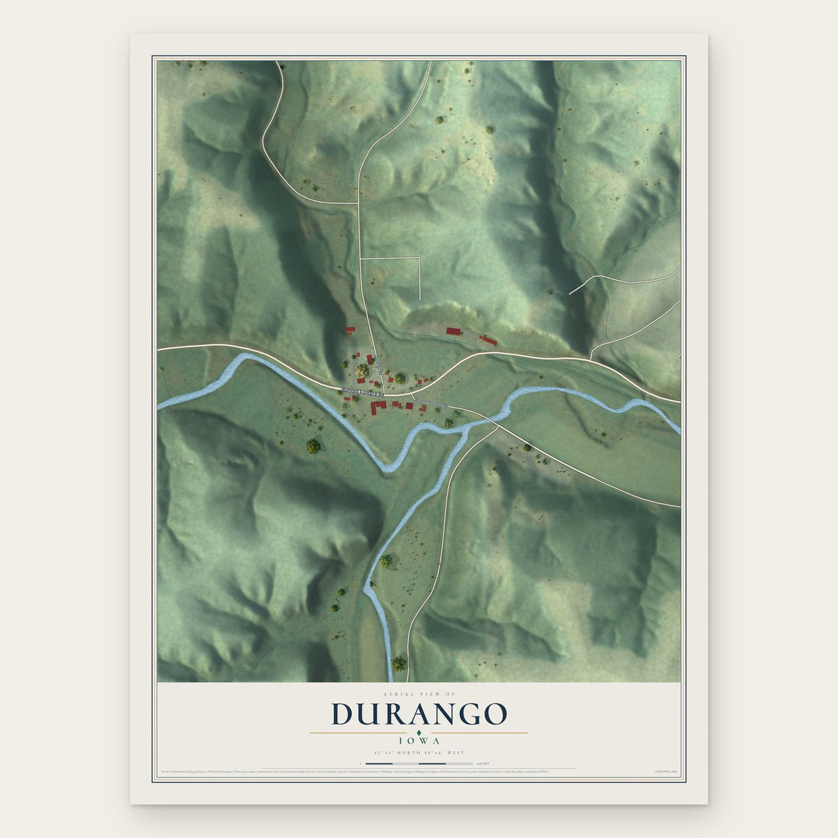 Durango, Iowa map print, the full design