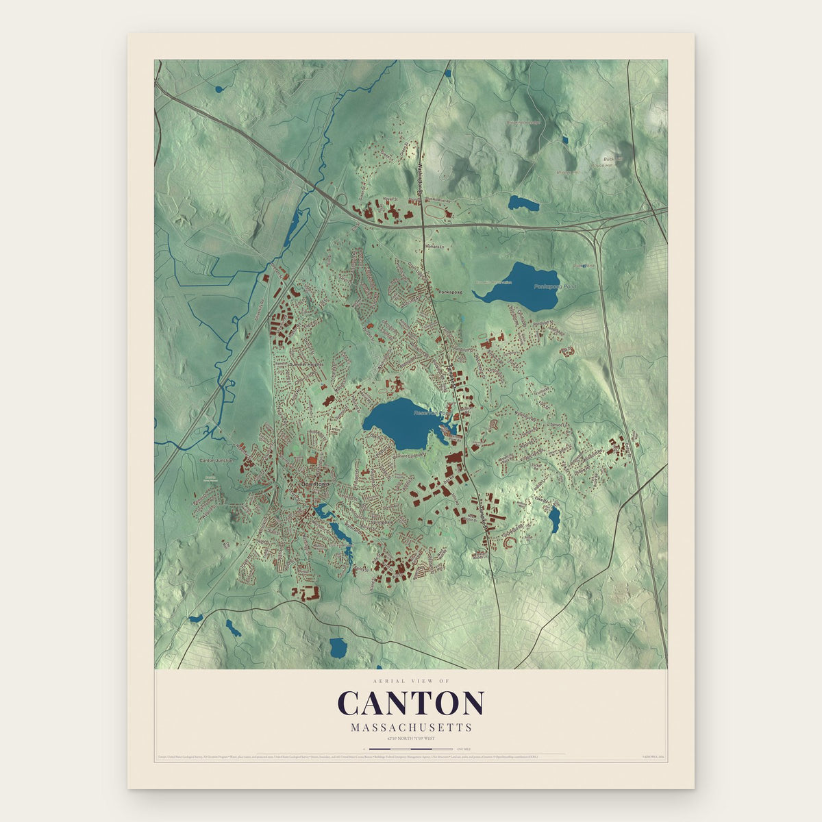 Canton, Massachusetts map print, the full design