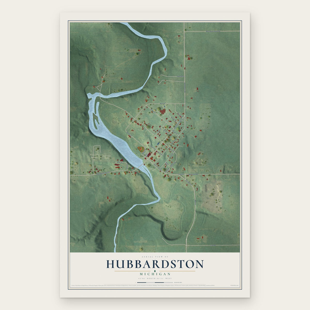 Hubbardston, Michigan map print, the full design