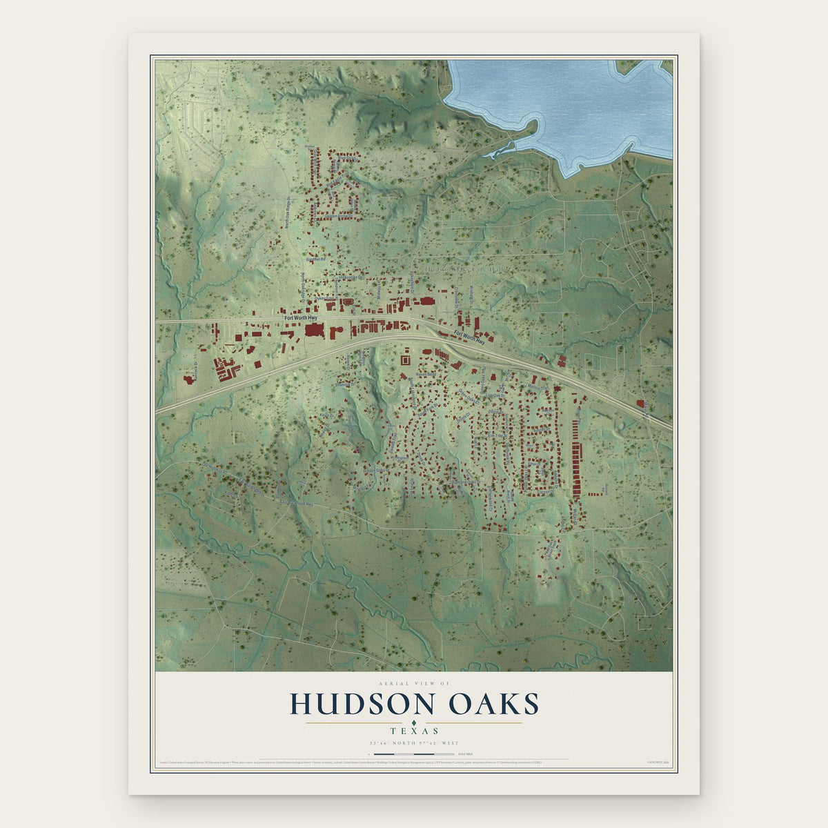 Hudson Oaks, Texas map print, the full design