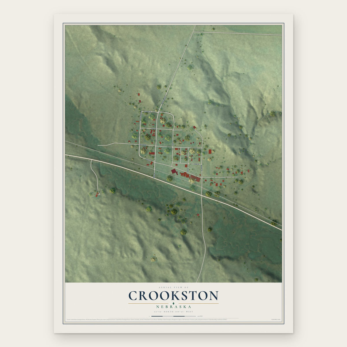 Crookston, Nebraska map print, the full design