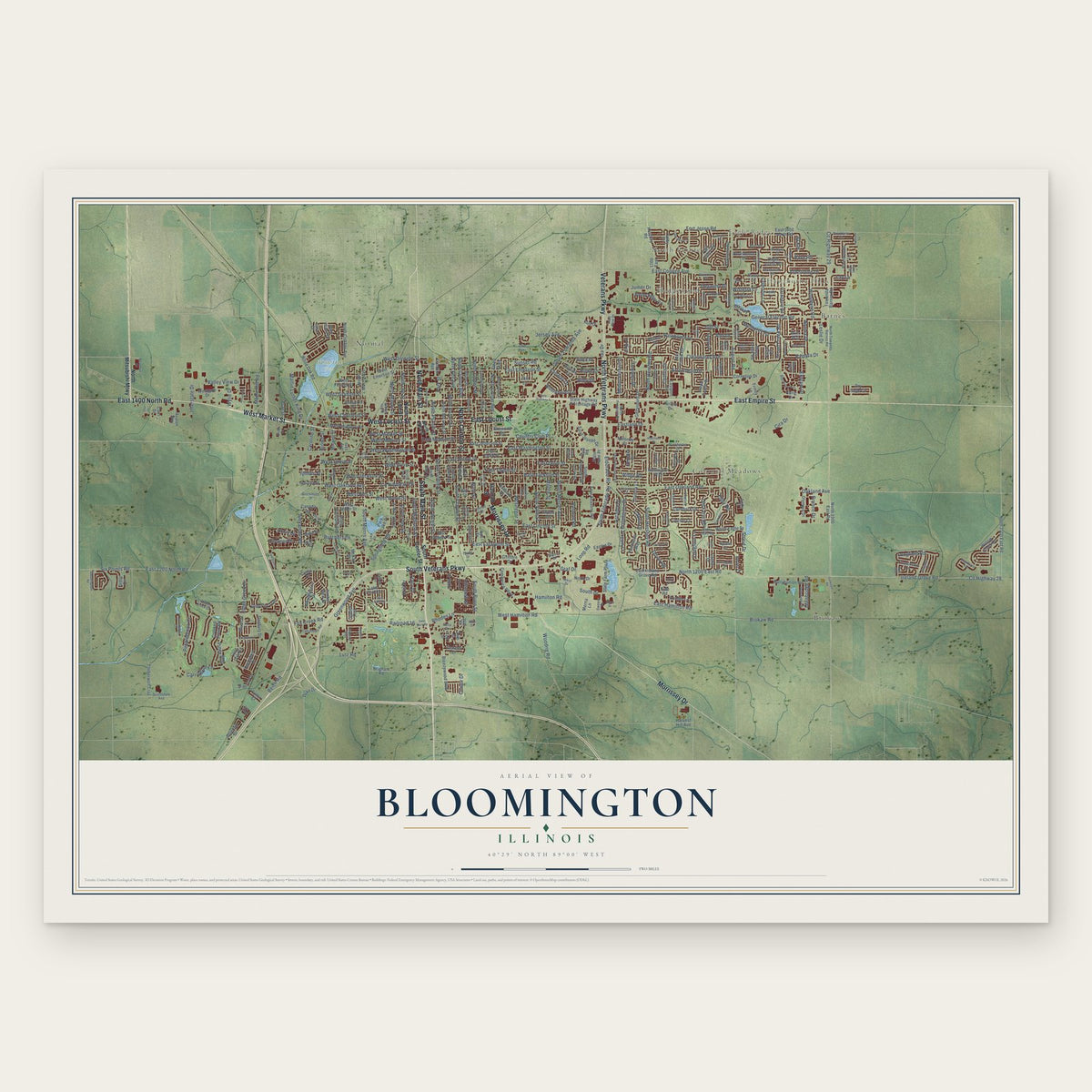 Bloomington, Illinois map print, the full design