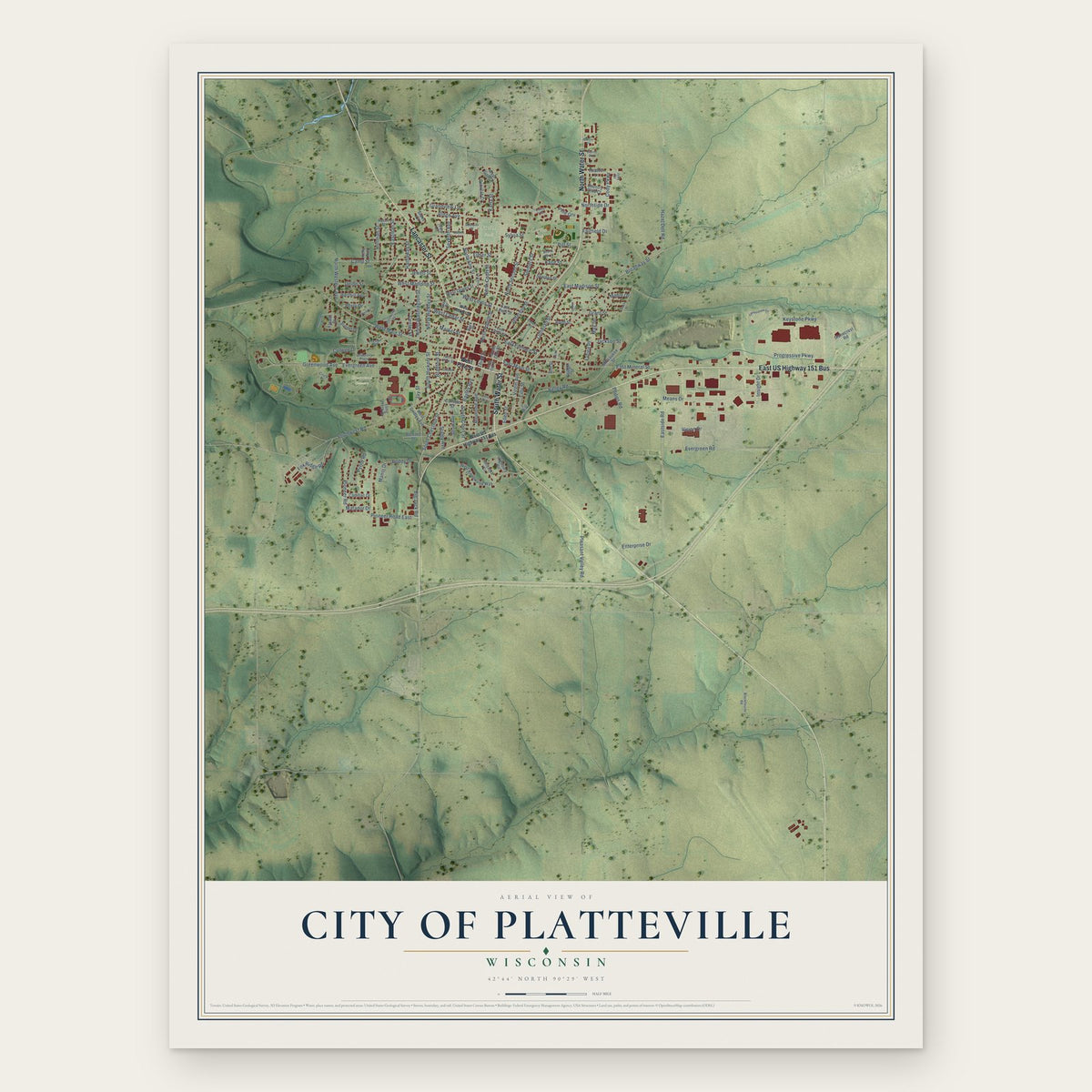 Platteville, Wisconsin map print, the full design