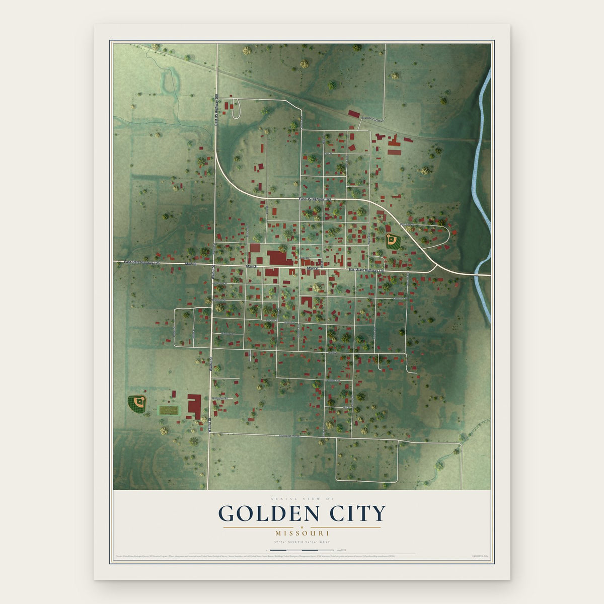 Golden City, Missouri map print, the full design