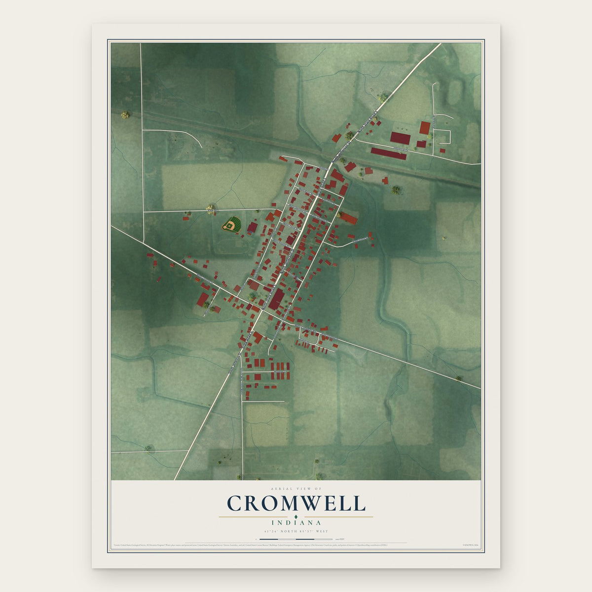 Cromwell, Indiana map print, the full design