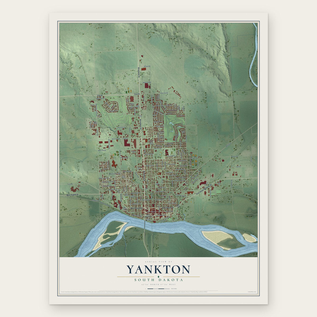 Yankton, South Dakota map print, the full design